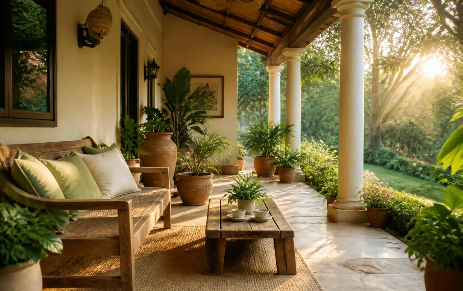 A sunlit verandah opening onto a green garden with wooden furniture and potted plants