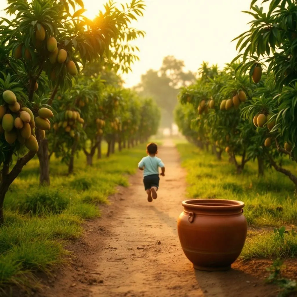 A child running along a mud path through a managed mango orchard at sunrise with a terracotta pot in the foreground